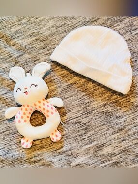 White Baby Beanie with Plush Bunny Rattle Toy - Soft Infant Set